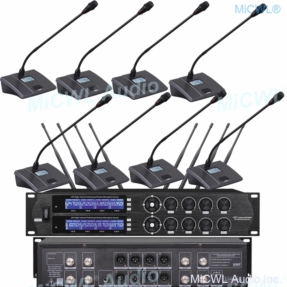 MiCWL U8800 High-end 8 Desk Gooseneck Cardioid Condenser Microphone System 8 XLR 3Pin 6.35mm Mix Output Conference Meeting Mics