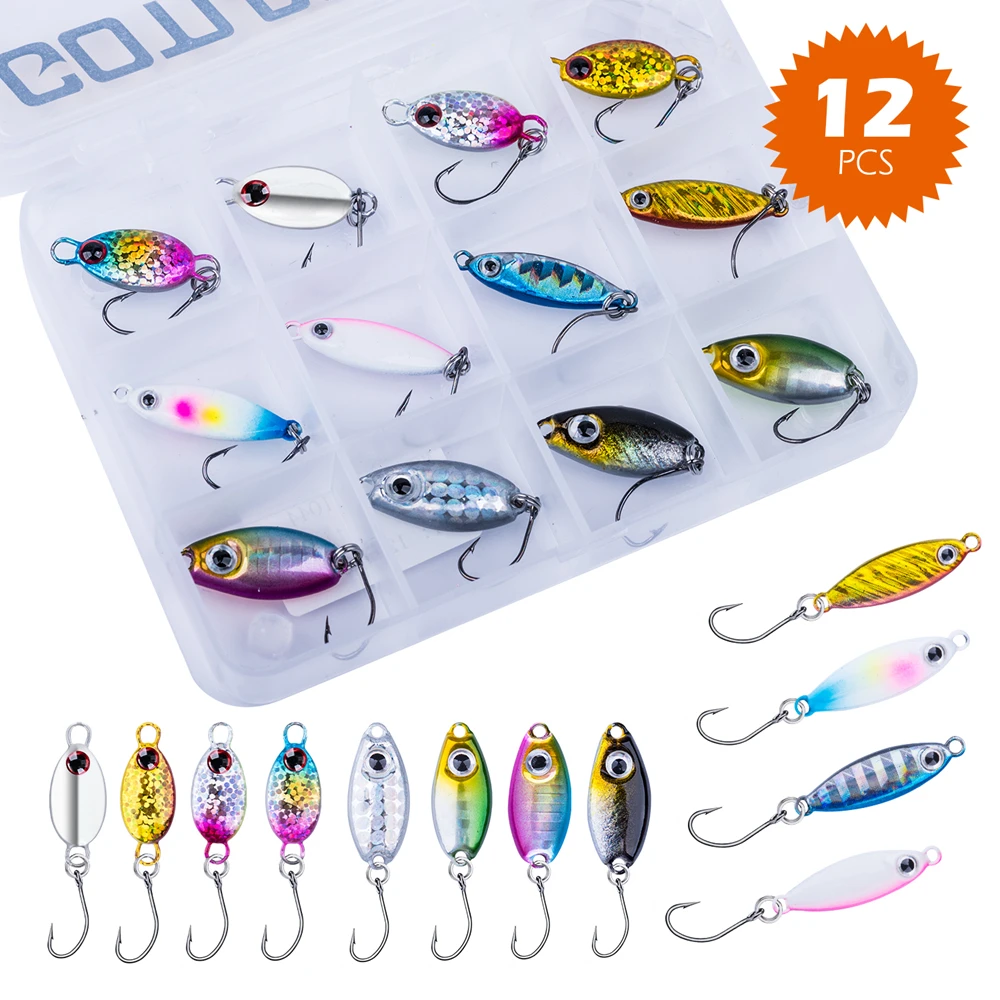 Goture 12pcs/set Micro Jig Fishing Lure Spinnerbait Spoon Metal Jig for Trout Perch 3.2g 3.3g 4g Mini Bait Ice Fishing Jig Lures