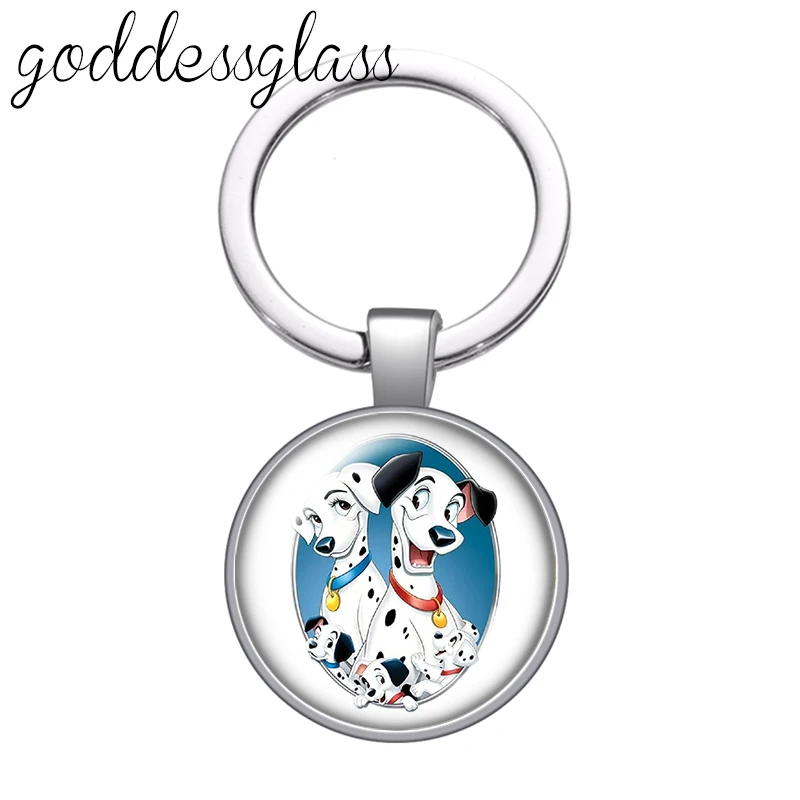 Disney 101 Dalmatians Cute dogs family glass cabochon keychain Bag Car key chain Ring Holder Charms keychains gift