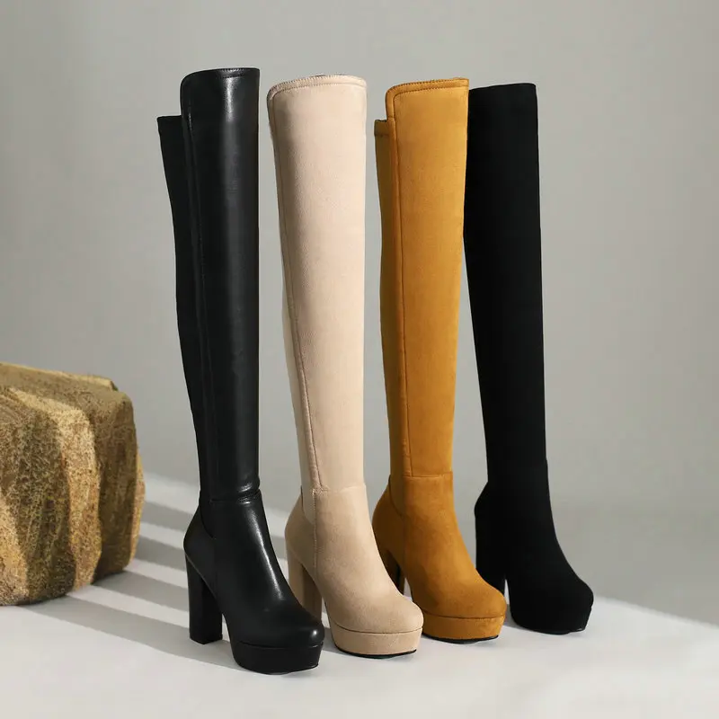 2021 Women Over the Knee Boots Platform Square High Heel Ladies Stretch Boots Faux Suede Autumn Winter Women Thigh Boots Black