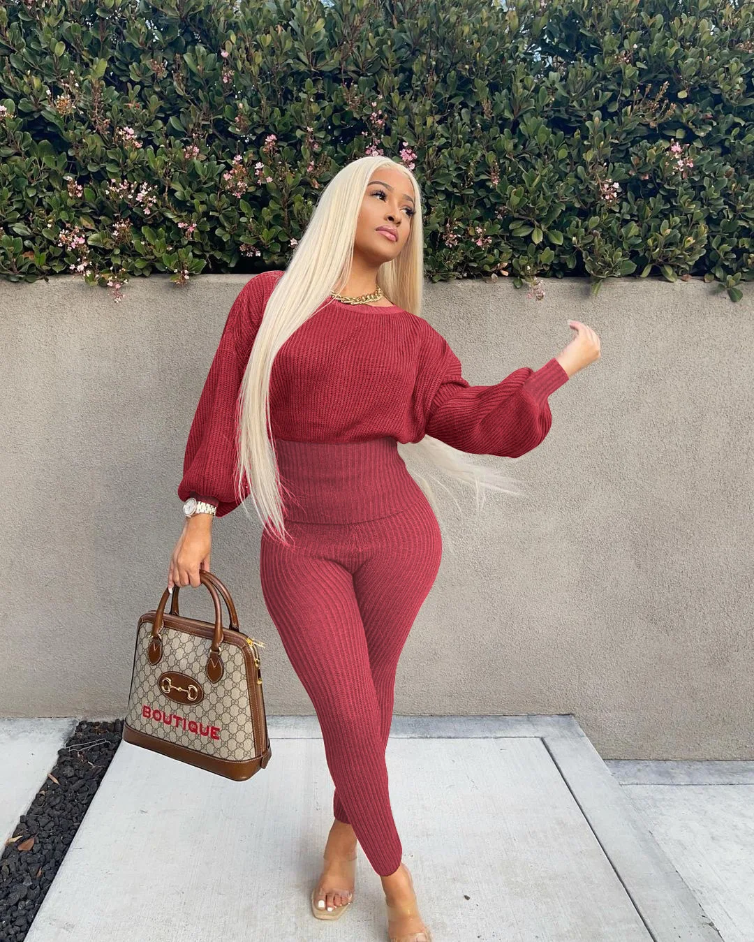 2022 Fall Winter Ribbed Women Two 2 Piece Set Outfits High Waist Tunic Sweater and Pants Set Street Tracksuit Sweatsuit