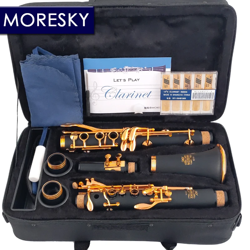 MORESKY Bb Clarinet Lacquer Gold 17 Keys Sib Klarnet Black Clarinete E111