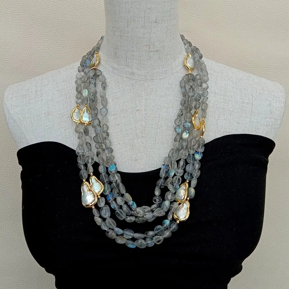 

YYGEM 5 Strands Natural Gray Labradorites Freeform Cultured White Teardrop Pearl Necklace vintage for women 24"