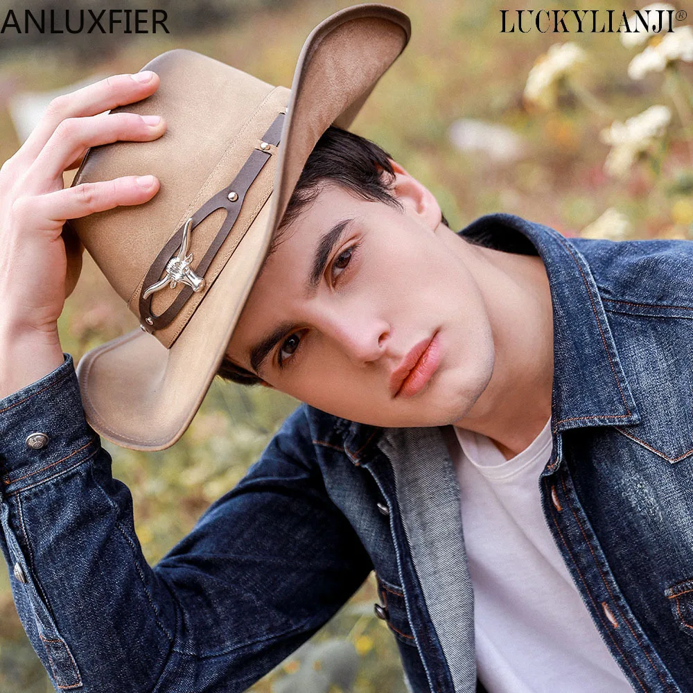 A154 Retro Men And Women High Quality Leather Big Brim Large Tauren West Riding Beach Hat Cowboy  Hat Head Circumference 58cm