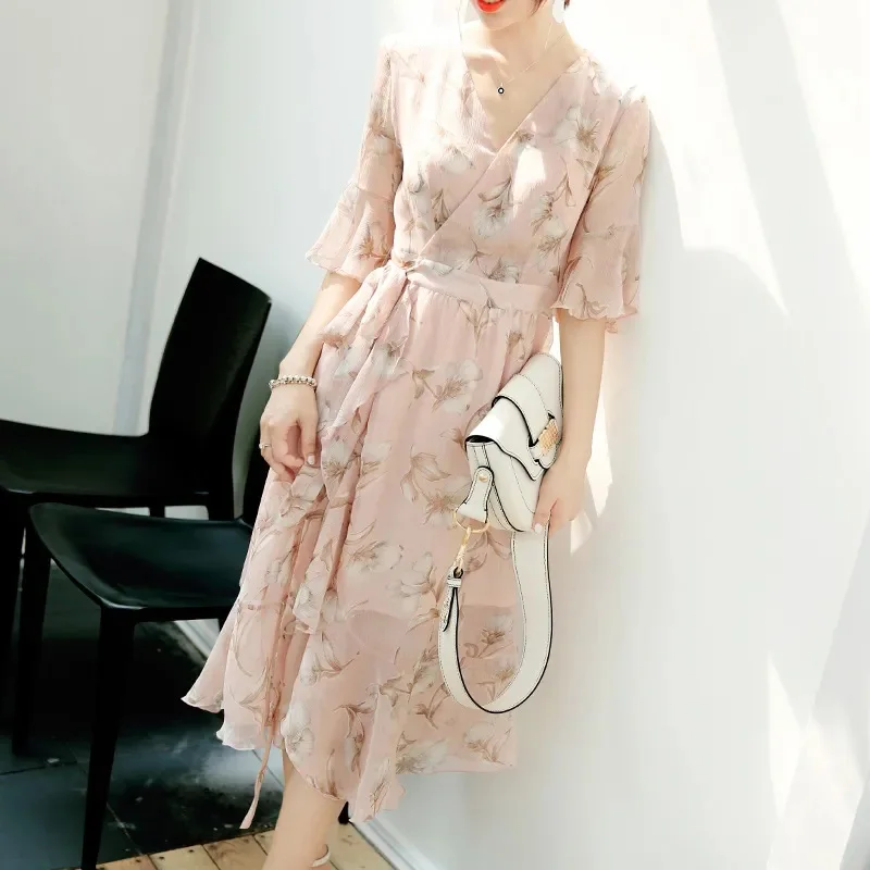 

2021 Summer Asymmetrical Flare Sleeve Thin Bohemian Female Dresses Women Chiffon Print Floral Dresses