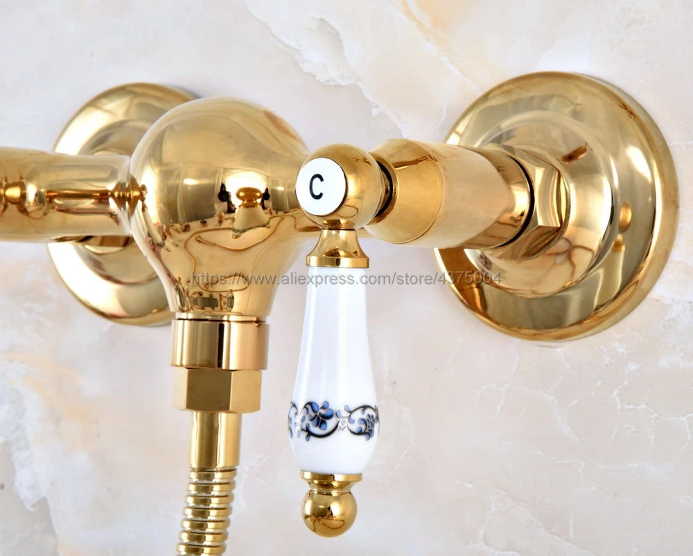 Imagem -03 - Ouro de Bronze Fixado na Parede do Banheiro Bacia Mixer Torneira com Chuveiro de Mão Cabeça & Torneira do Chuveiro Nna982 Cor do