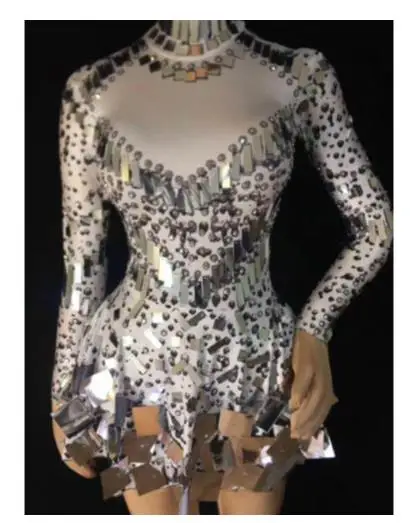 Incarnadine color Singer mirror dress stage dance wears Sparkly Silver Sequins Bodysuit Dress Rhinestone Costume