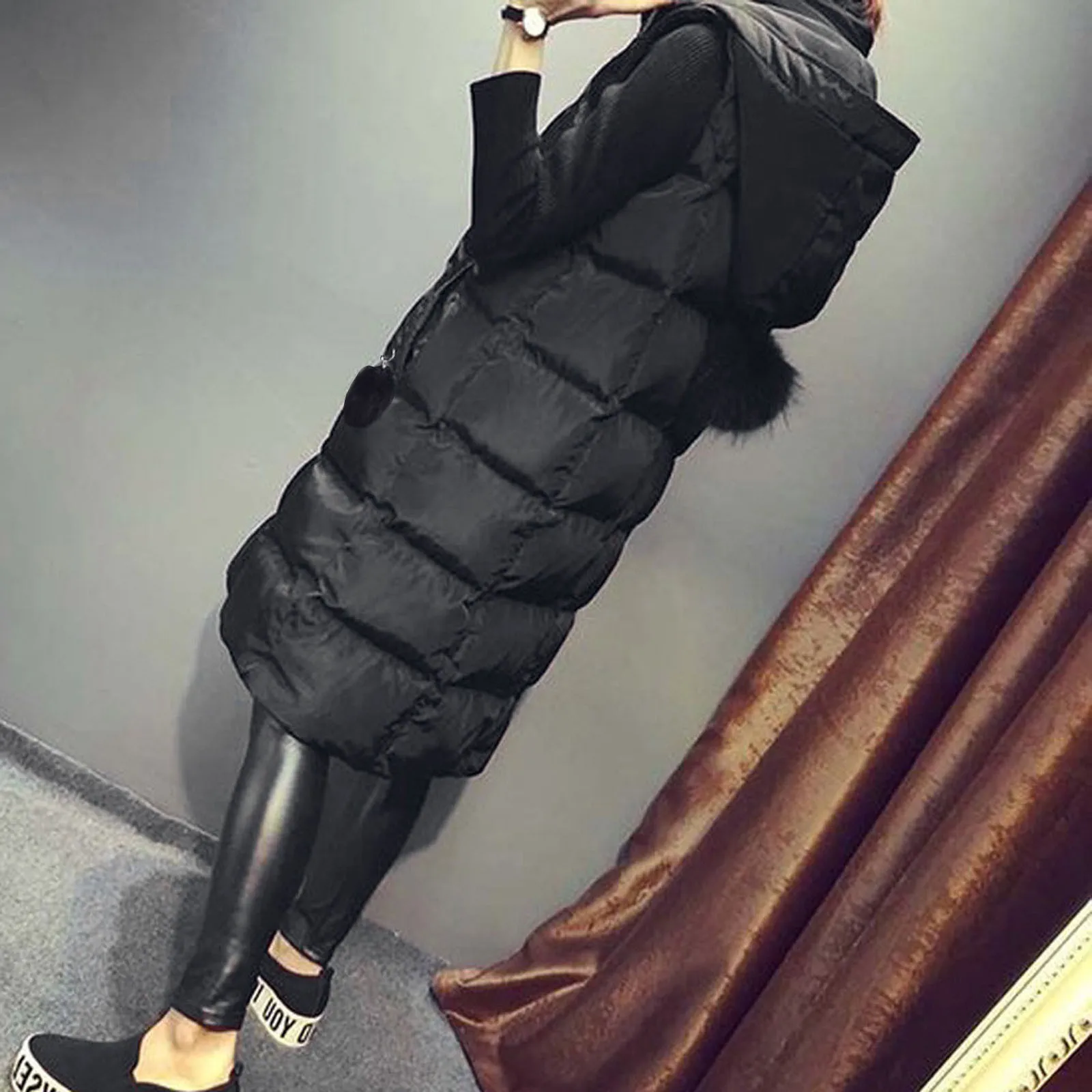 Autumn Winter Women Long Parkas Vest Warm Black Zipper Hooded Down Coat Parka Ladies Sleeveless Waistcoat Jacket Outwear S-4XL