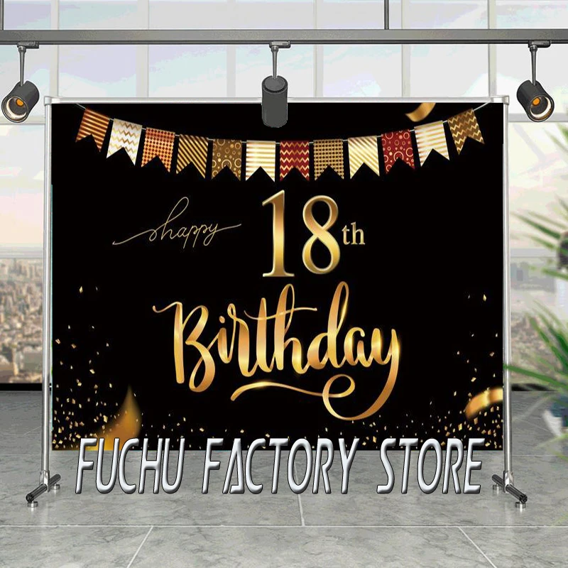 Happy 18th 50th Birthday Party Decor Flags Golden Dots Banner Portrait Photo Background Photography Backdrop Photo Studio Vinyl