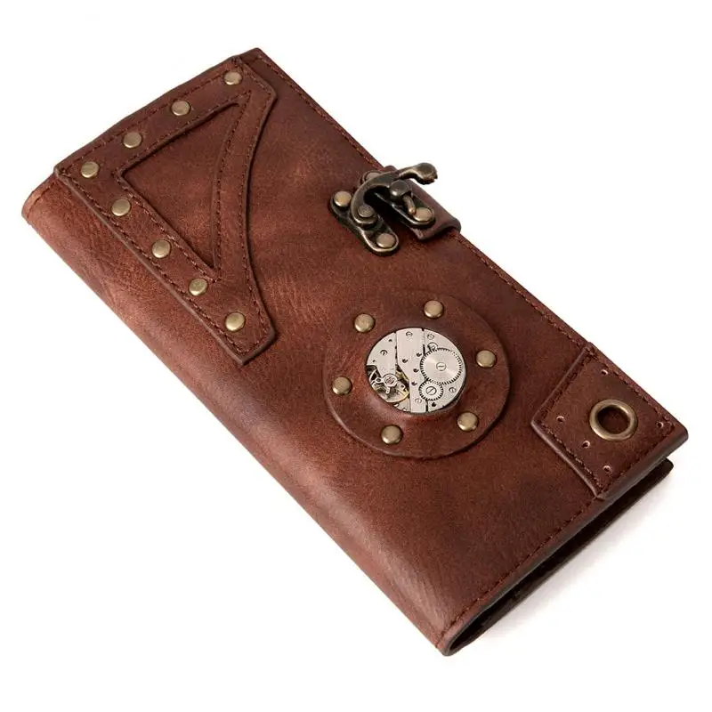 Novo streampunk gearduke moneybag engrenagem feminina rebite fivela de metal carteira medieval retro couro do plutônio mão carteira punk mão bolsa