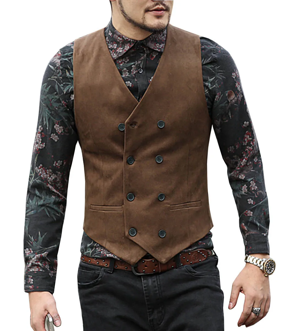 Formal Mens Suit Vest V Neck Wool Brown Black Double-breasted Slim Fit Waistcoat Casual Business Groomman For Wedding Vest