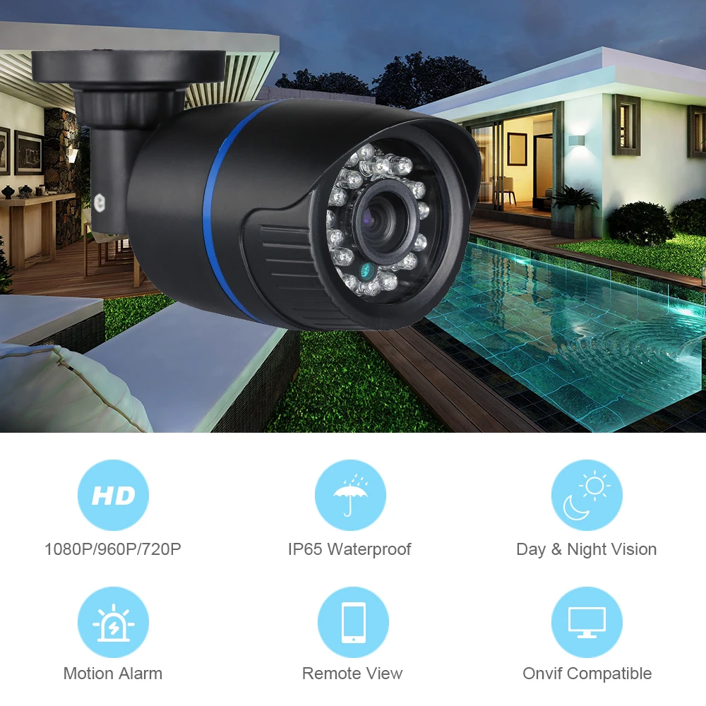 1920 x 1080P 2.0MP with POE IR Waterproof Aluminum Metal Outdoor CCTV Camera ONVIF/Night Vision P2P IP Security Cam with IR-Cut