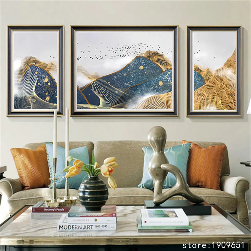 

cotton no frame classical 3pcs gold wire mountain scenery canvas printings oil painting printed on cotton decoration picture