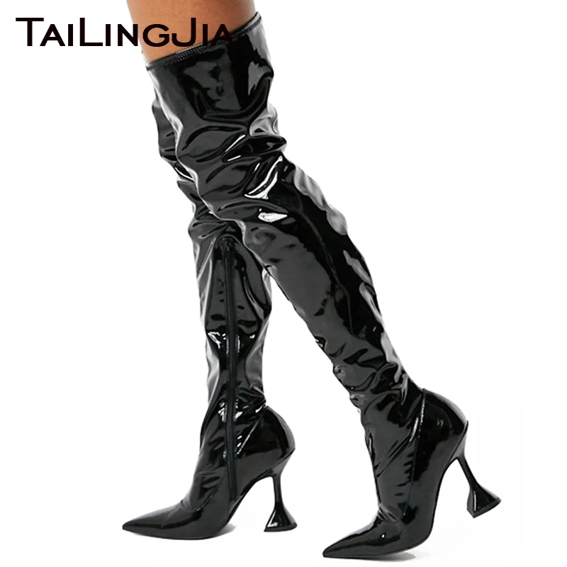 Black Patent Leather Long Boots for Women Pointed Toe Sexy Over the Knee Boots 2024 New Arrival Large Size Footwear Hoof Heels