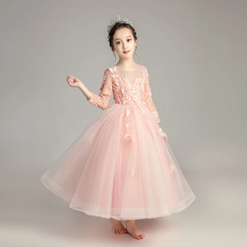 

Pink Tulle Appliques Kids Ball Gown First Holy Communion Pageant Dress for Birthday Party Dress Long Sleeve Flower Girl Dresses