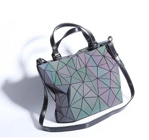 Discount Women Geometry Handbag Hologram Plain Folding Tote Bucket Luminous Bag Geometric Large Capacity Shoulder Crossbody Bags