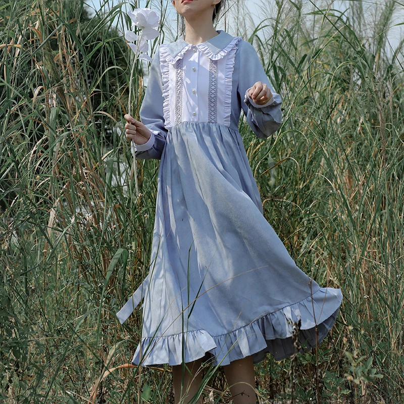 Robe lolita en velours côtelé pour filles, vêtement à revers, doux, princesse, fête thé, doux, rétro, dentelle, nœud papillon, manches évasées, mignon