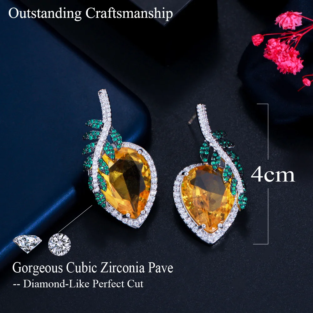 CWWZircon Unique Designer Leaf Feather Green Yellow Big Water Drop Cubic Zirconia Earrings for Women Wedding Accessories CZ931