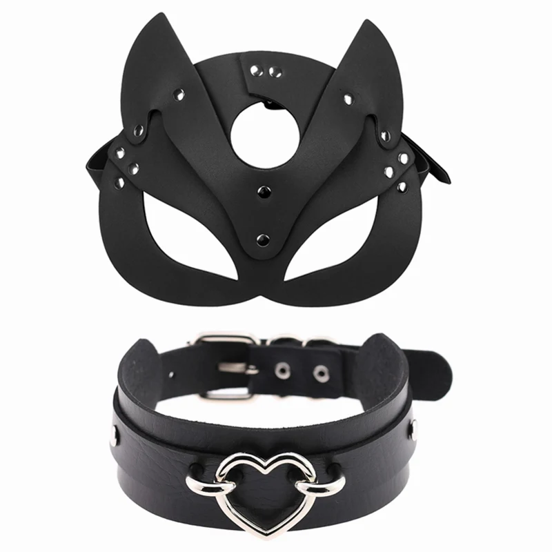 

Leather Bondage Cosplay Mask Sexy Half face Fox mask Punk Rock Goth Collar For Women Gothic Collar Gothic Chokers Necklace