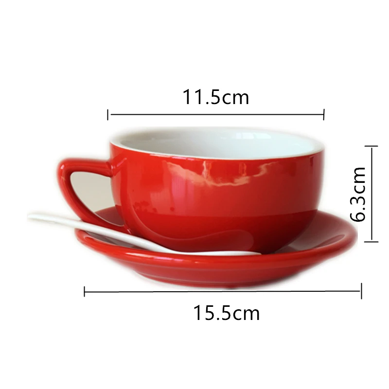 Large Ceramic Mugs with Tray and Spoon, Cappuccino Cup, Coffee Cups, Soup Cup, Latte Cup, Large Drawing, 3 PCs/Set, 350ml