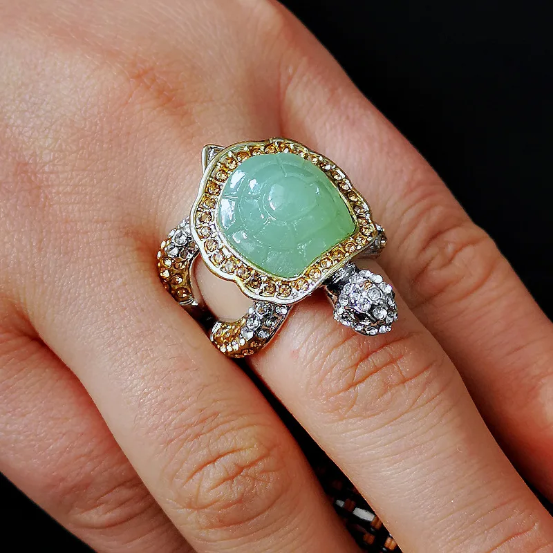 Hot Sale Fashion Cute Turtle Rings Crawl Animal Green Turtle Shell Rhinestone Rings For Women Girl Glamour Jewelry