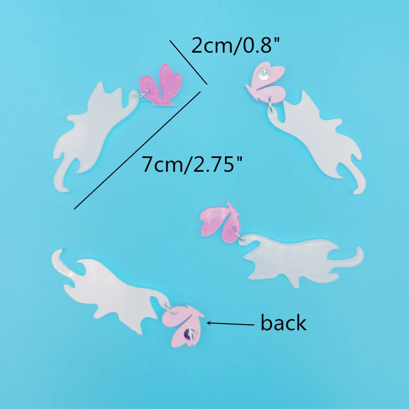 KUGUYS Cat Catches Butterfly Drop Earrings for Women Glitter Pink White Kittens Acrylic Jewellery Cute Girls Kids Accessories