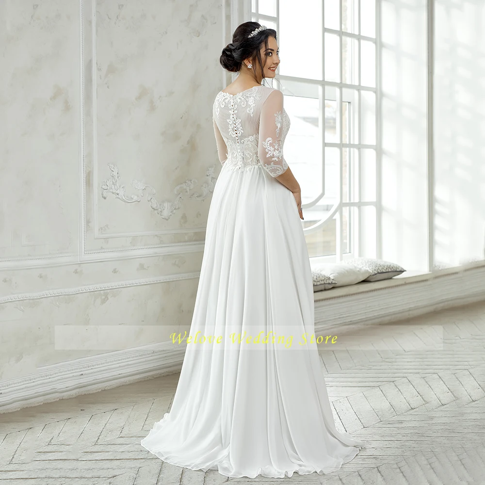 Simple Empire Civil  Wedding Dresses Half Sleeve Lace Button Back Scoop Neck Plus Size Custom Bridal Gown Chiffon Cheap A Line