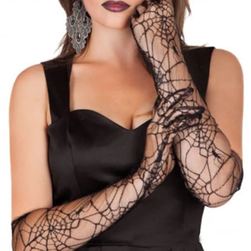 Halloween Sexy spiderweb Thin Long Full Finger Lace Gloves Summer Women Elastic Hollow Punk Mesh Sunscreen Driving Gloves K47