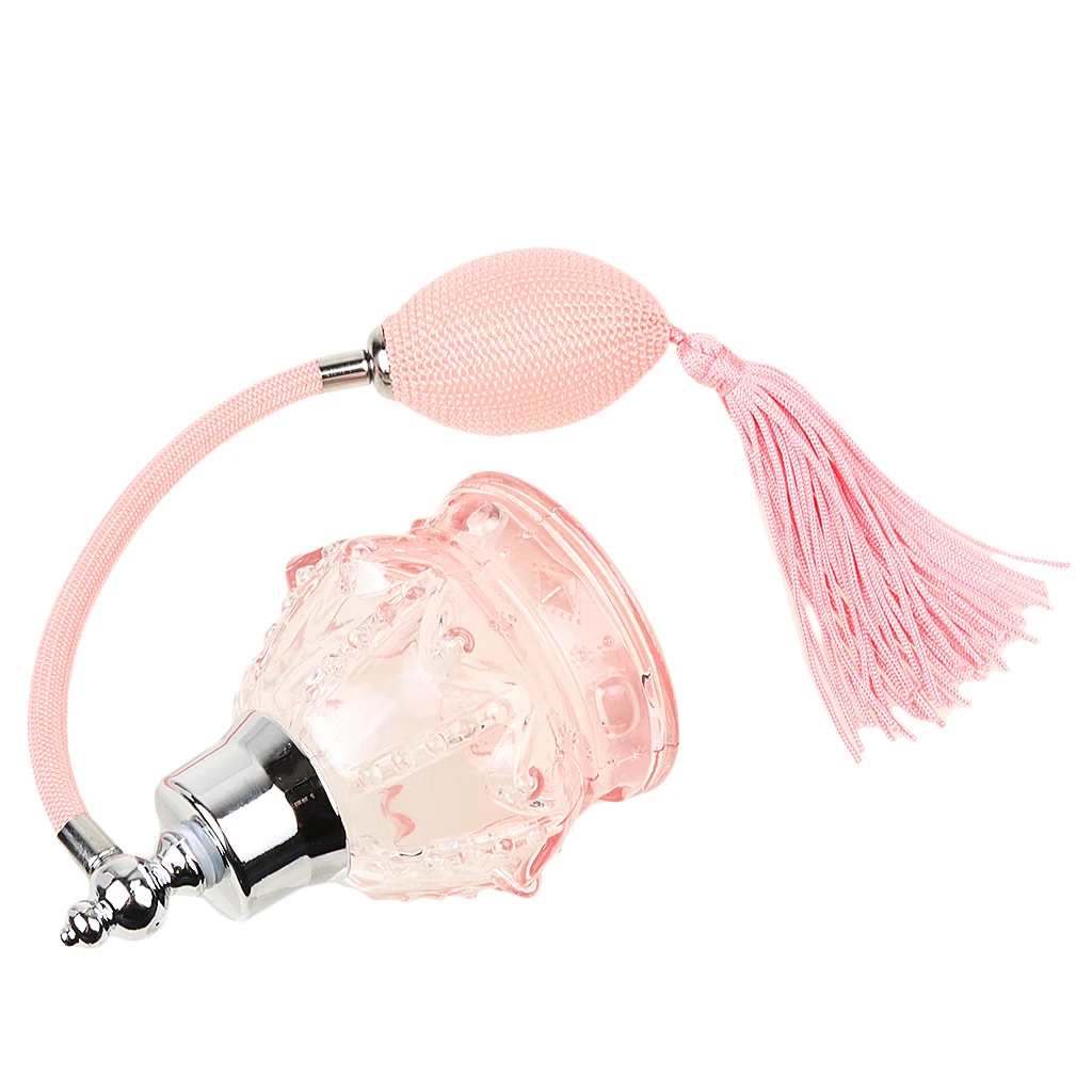 Vintage Crystal Perfume Bottle Long Bulb Tassel Spray Atomizer 100ml - Pink