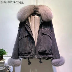 2021 Winter Fashion Warm Denim Natural Fox Fur Coat + Real Rabbit Hair Liner Denim Jacket Female Beading Thick Real Fur Outwear