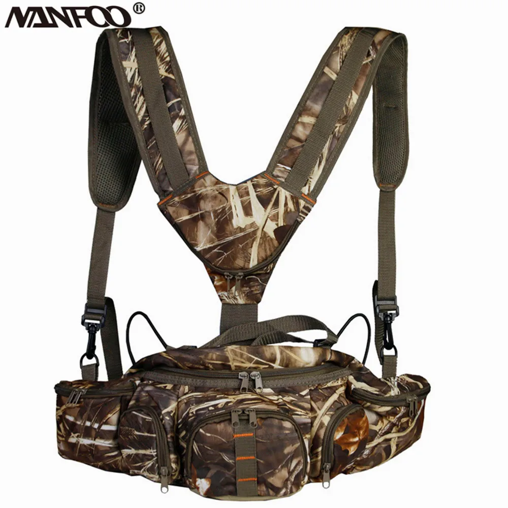 

Professional Reed Bionic Camouflage Hunting Fishing Front Waist Pack Multi-Wearing Sports Bag 7 Storage Pockets Flannel Backpack