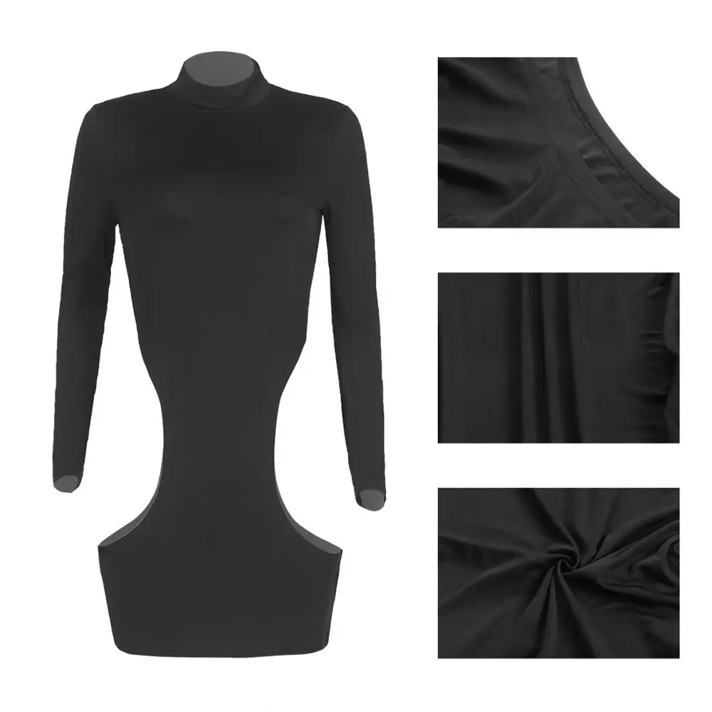 SKMY Women Clothing Round Neck Long Sleeve Bodycon Dress Spring New Fashion Sexy Side Cut Out Black Dress Party Clubwear