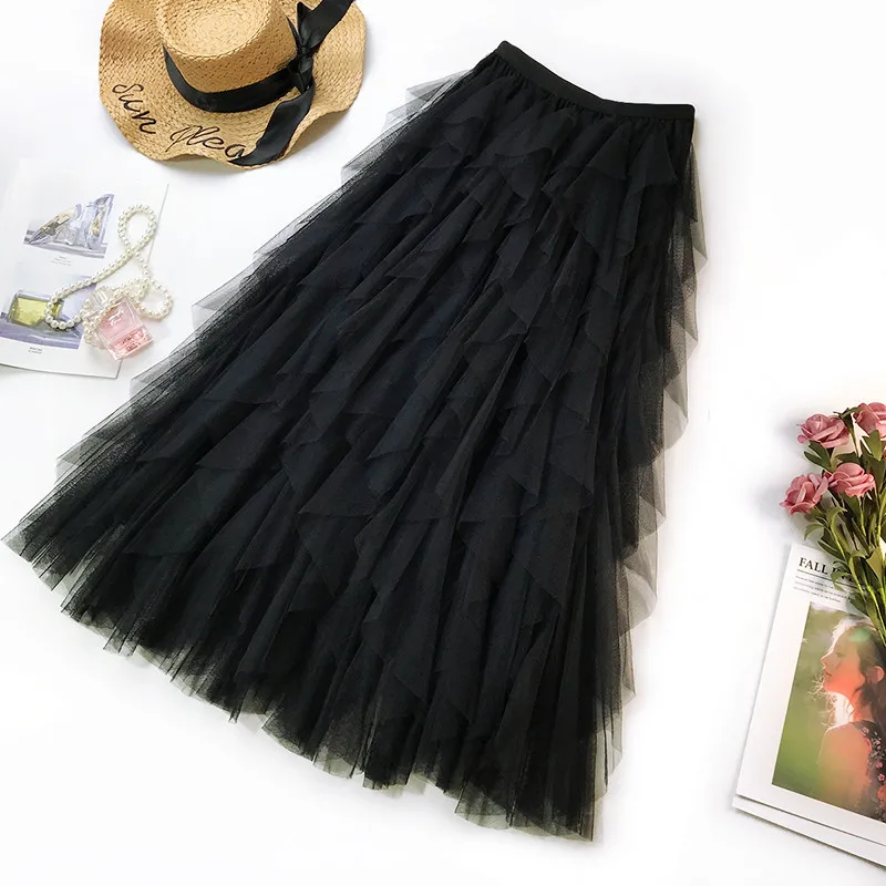 Fashion Tutu Tulle Skirt Women Long Maxi Skirt 2024 Spring Summer Korean Black Pink High Waist Pleated Skirt Female