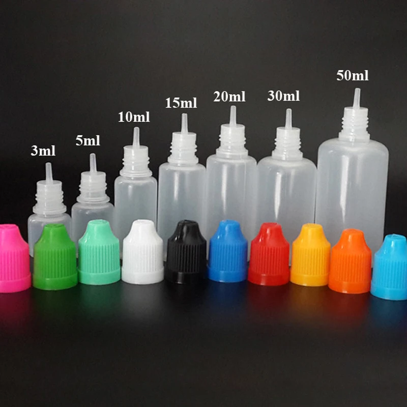 50pcs 5ml 10ml 15ml 20ml 30ml 50ml 60ml 100ml 120ml PE Plastic Dropper Bottle With Childproof Cap For E Liquid Nail Gel+Funnel