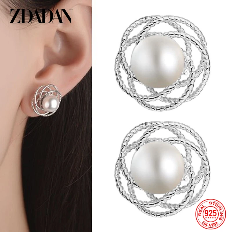 ZDADAN 925 Sterling Silver Charm Hollow Flower Pearl Stud Earrings For Women Temperament Engagement Jewelry Party Gift