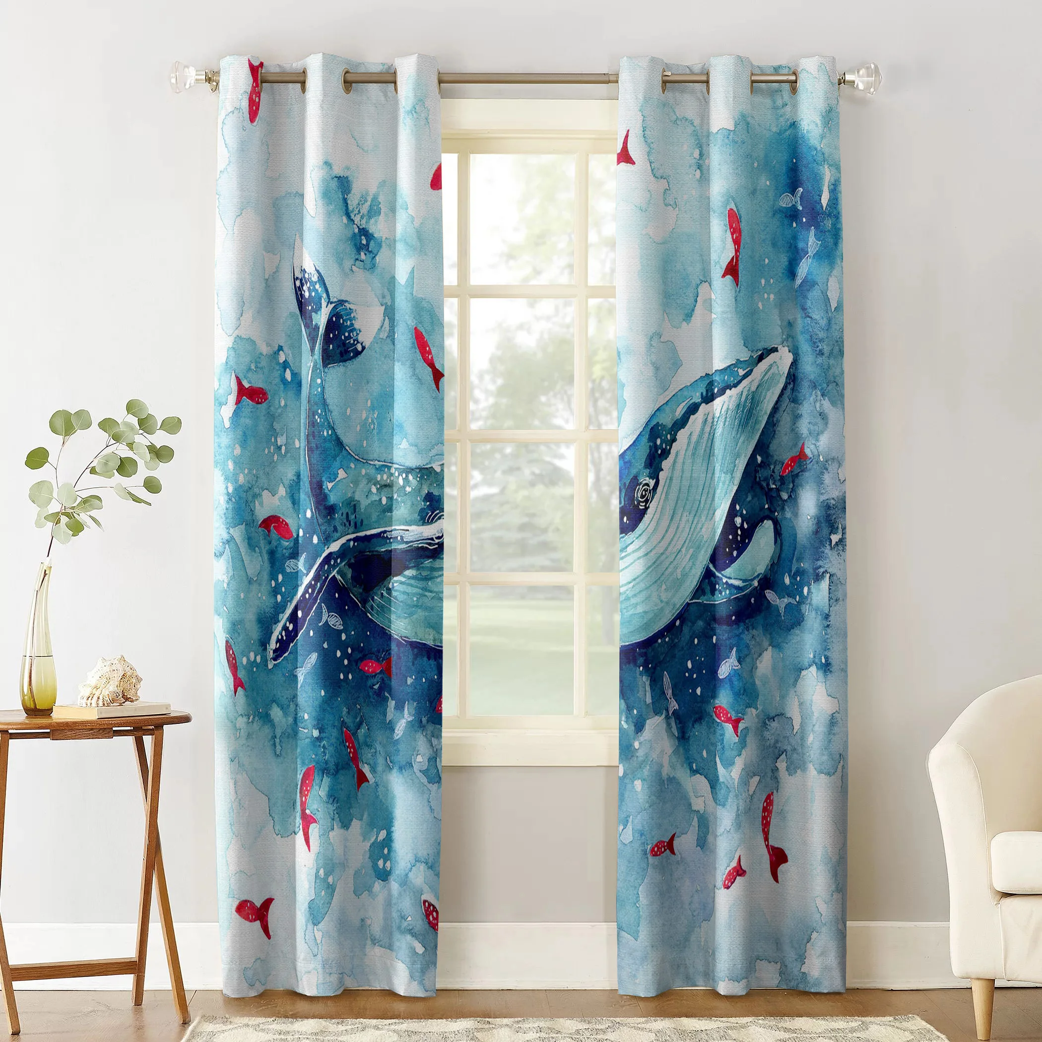 Blue Whale Red Fish Watercolor Window Curtains Living Room Curtain Home Decor