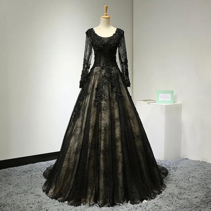 

Vintage Black Evening Dresses Lace Long Sleeve Formal Party Gowns Satin A-line Beading Evening Gown for Women Vestidos De Fiesta
