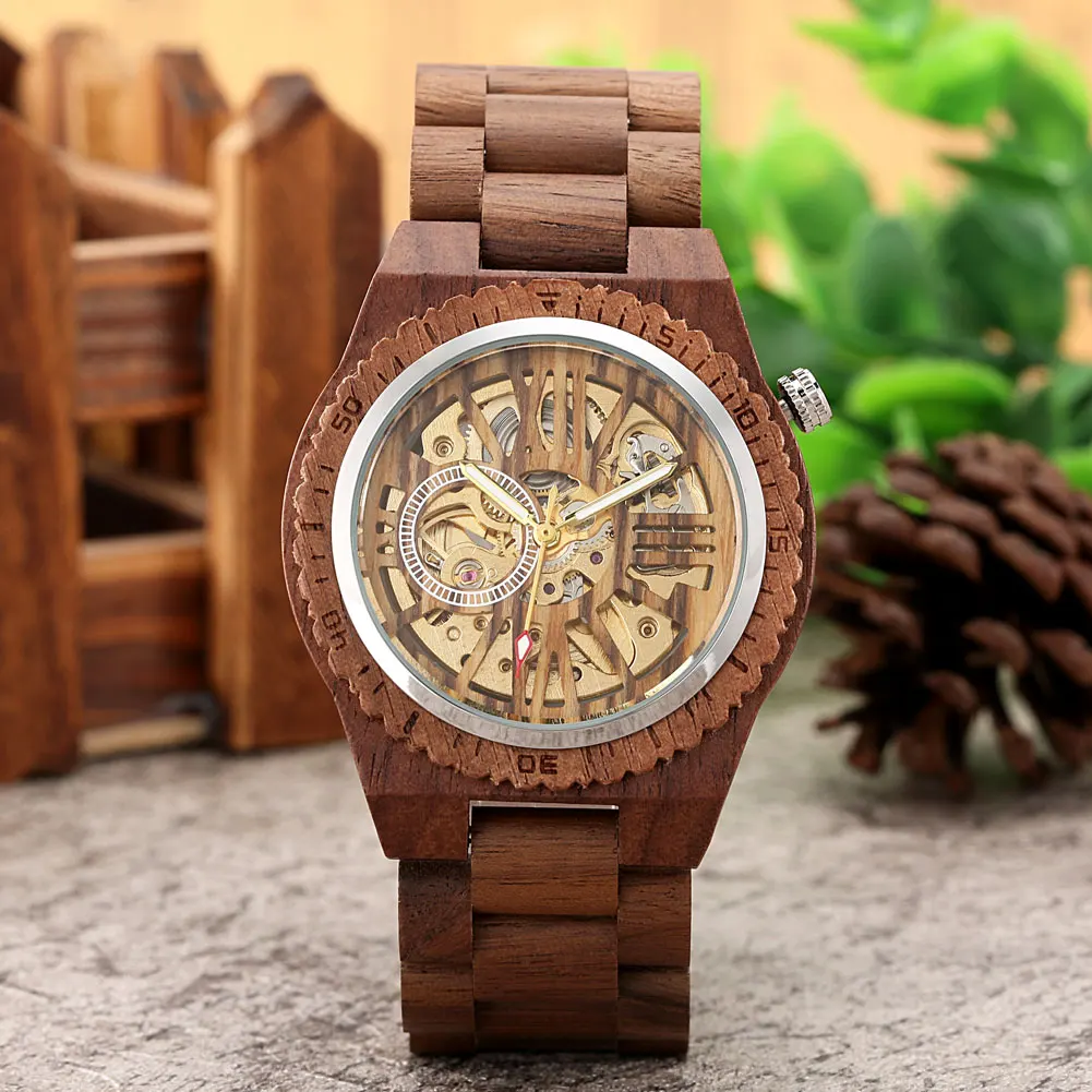 Automatic Mechanical Men Watches Natural Walnut Wood Bracelet Self Winding Wristwatch Folding Clasp Man Wooden Watch 2021 reloj