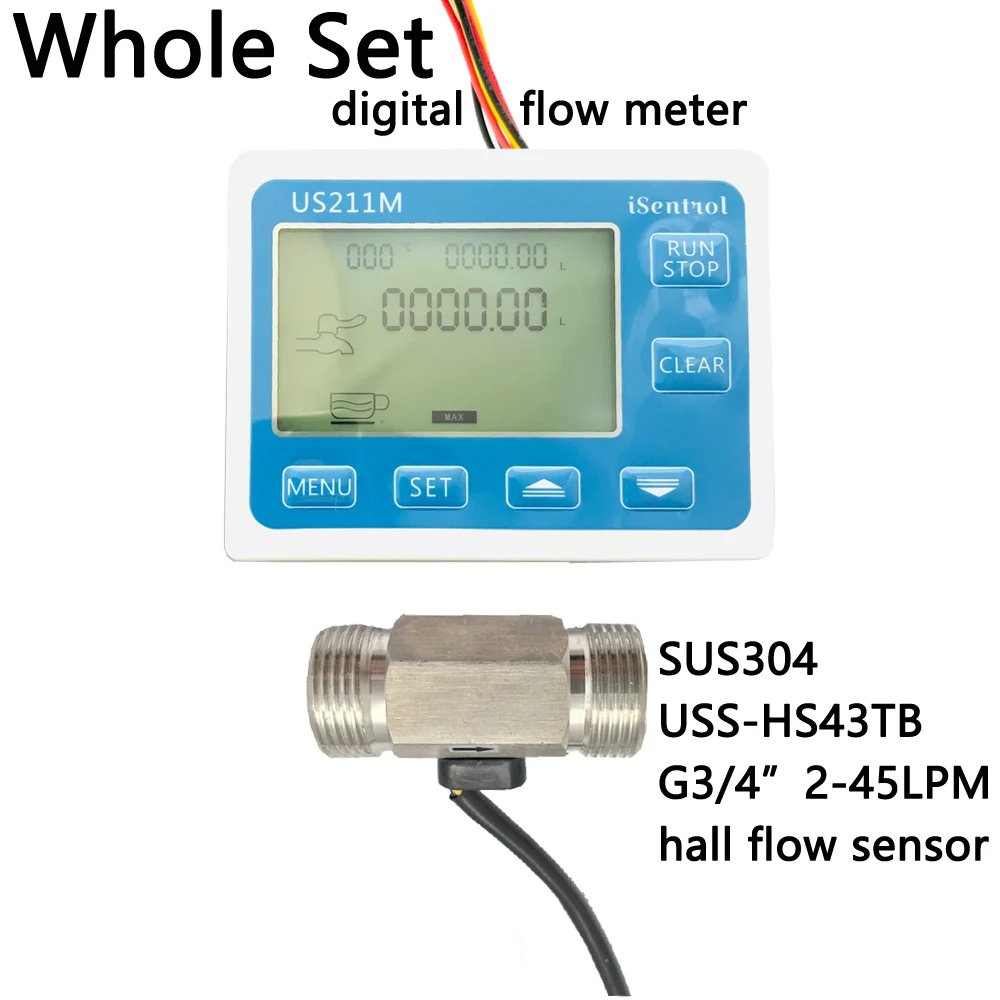 

US211M Digital Flow Meter Totalizer with SUS304 Flow Sensor USS-HS43TB G3/4" Hall Flow Sensor 2-45LPM iSentrol Saier Sesnor