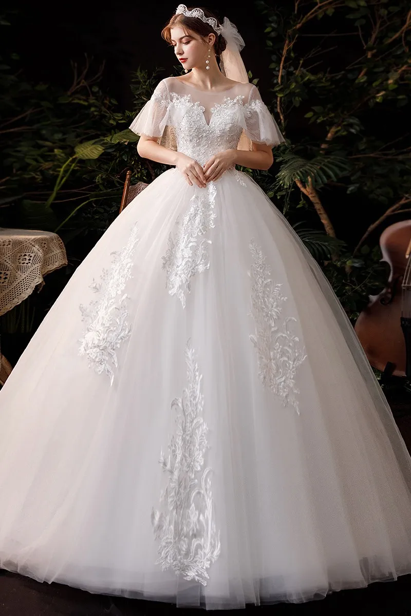 Wedding Dress 2021 New Vestido De Noiva Classic Lace Beadings Ball Gown Elegant Flare Sleeve Princess Luxury Robe De Mariee