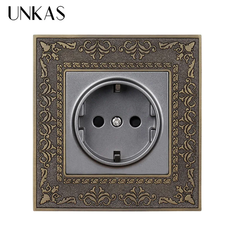 UNKAS 16A EU Standard Power Socket 4D Embossing Retro Zinc Alloy Panel Wall AC 110~250V Outlet 86MM*86MM