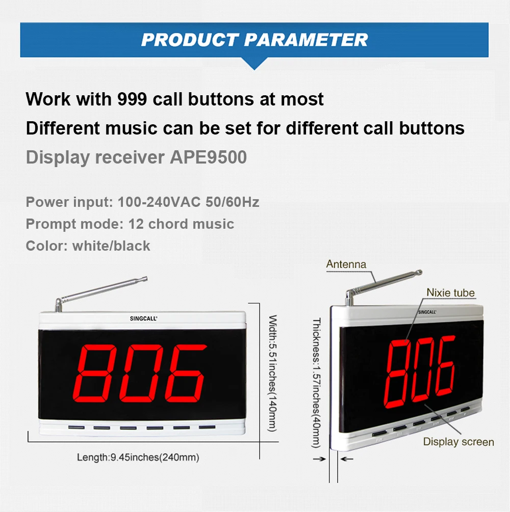 SINGCALL Wireless Calling System,Restaurant Calling System,Hotel System,3 Digits Display Receiver