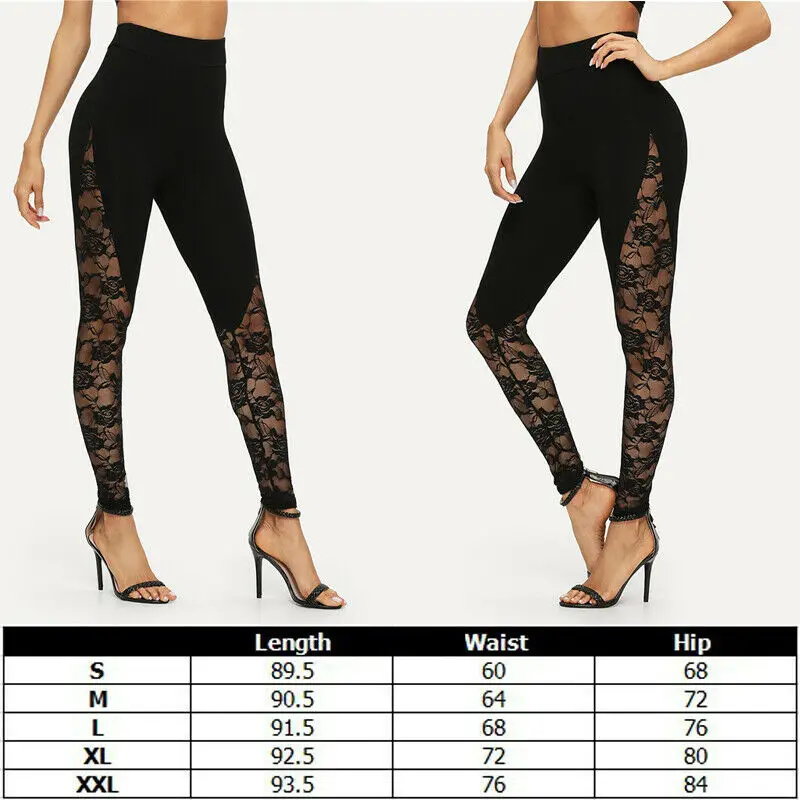 Mallas de encaje de cintura alta para mujer, Leggings negros, florales, con Panel lateral, recortados, S, M, L, 2XL