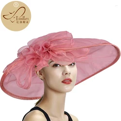 Kobiety lato Kentucky Derby ślub kościół nadmorski Party kapelusz w kwiaty z szerokim rondem parasolka Organza kapelusze czapka plażowa S10-4167