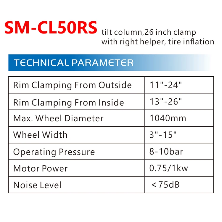 SM-CL50RS 380V or 220V TIRE CHANGER tilt column 24 inch clamp with right helpers tire inflation