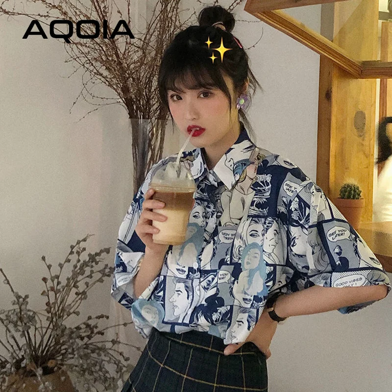 Chic Japanese style Cartoon print Women Shirt Vintage Short Sleeve Button Up Y2K Womens Blouse 2022 Summer Loose Female Shirts