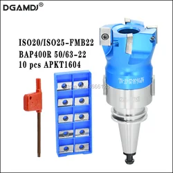 1 set of ISO20 ISO25 FMB22 45L tool holder + BAP400R50 / 63-22-4T face milling cutter head + 10slice of APKT1604 carbide blade