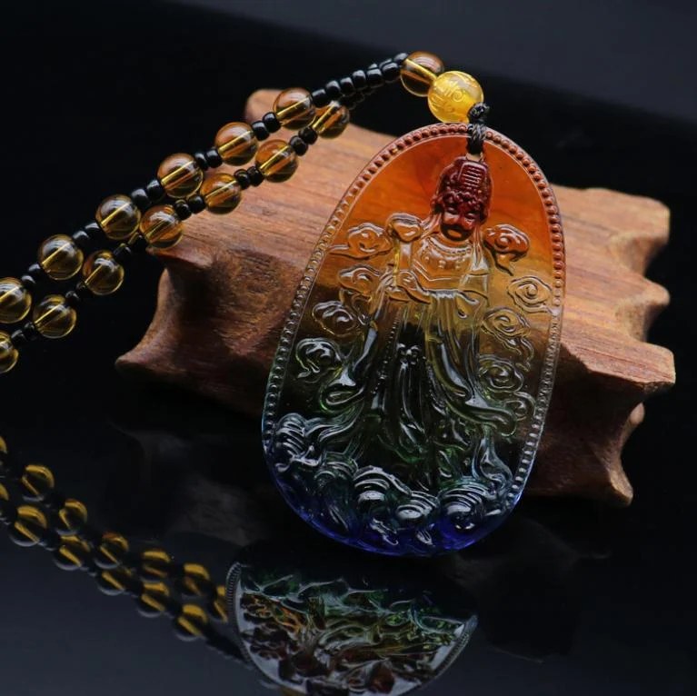 Carved Colored Glaze Lucky Amulet Liuli Goldfish Buddha Pendant Necklace Women Men Pendant Jewelry Guardian Sacred Necklace