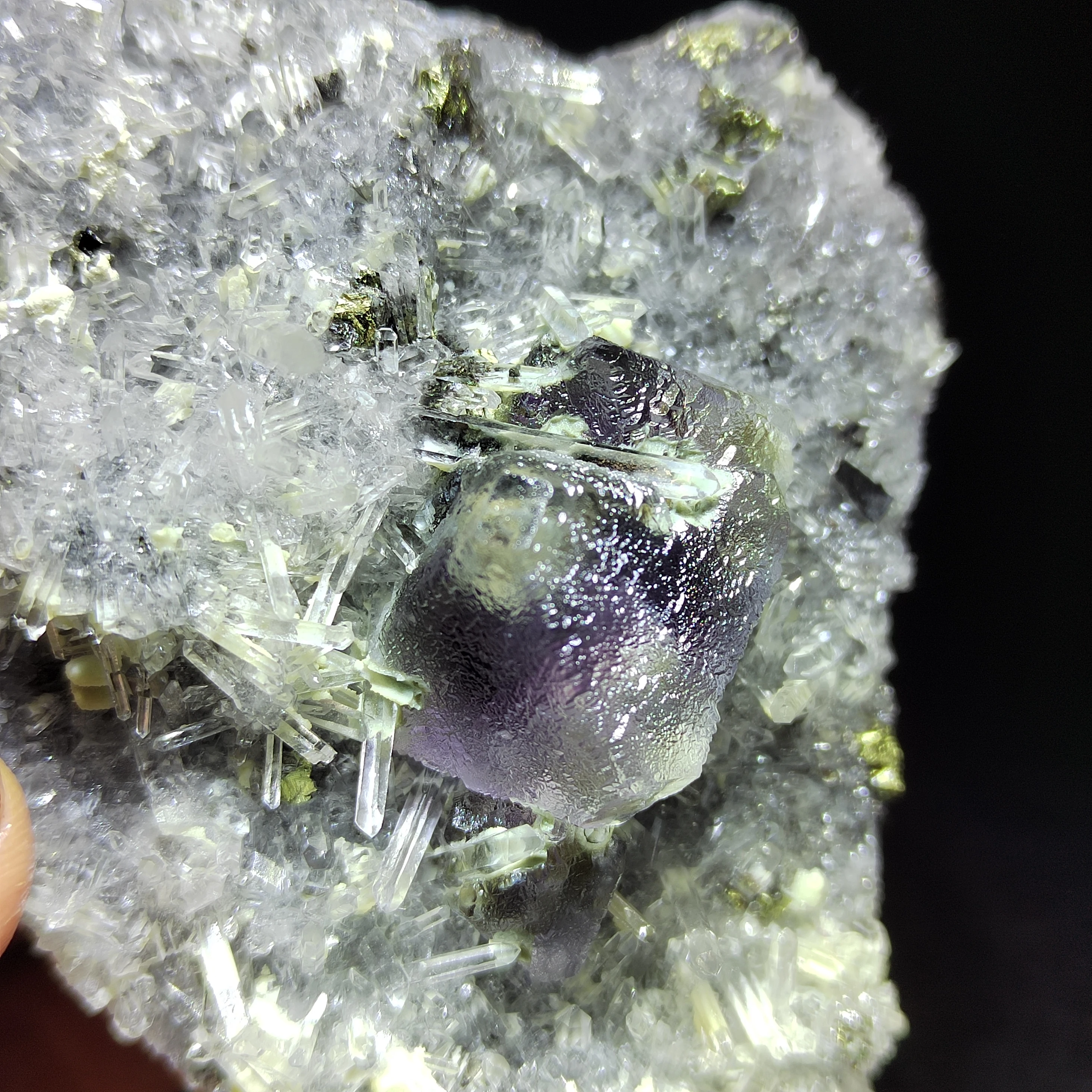 Natural multi-faceted purple fluorite and crystal clusters, arsenopyrite, brass, mica minerals, raw stones for home decoration