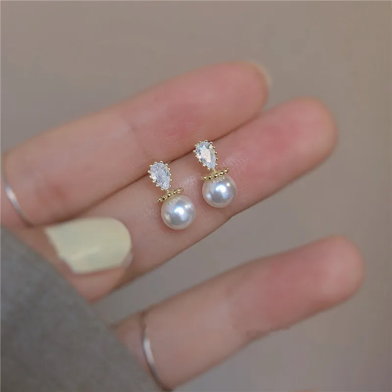 925 Sterling Silver Japanese Water Drop Crystal Pearl Plating 14k Gold Stud Earrings Women Small Fresh Charm Party Jewelry